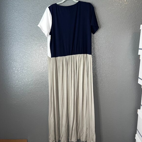 Flory Day Colorblock Maxi Dress Navy White Taupe Short Sleeve Women’s Size L - Picture 5 of 5